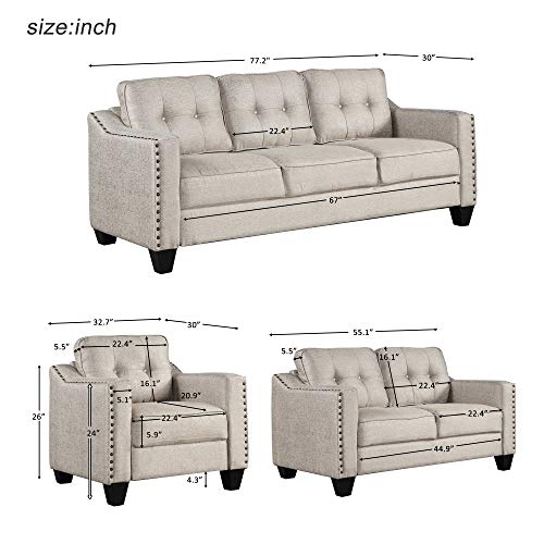 3Pieses Mid-Century Modern Sofa Sets Linen Fabric Tufted Back Sofa&Couch Include 3 Seaters Couch, Loveseat and Armchair with Rivets Rivets for Home Apartment Office Living Room