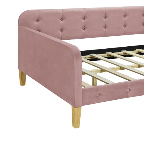 RORIGAT Twin Size Velvet Upholstered Dayed with Button Tufted Design and 4 Wood Support Legs,Twin Day Bed Frame,Easy to Assemble,Pink