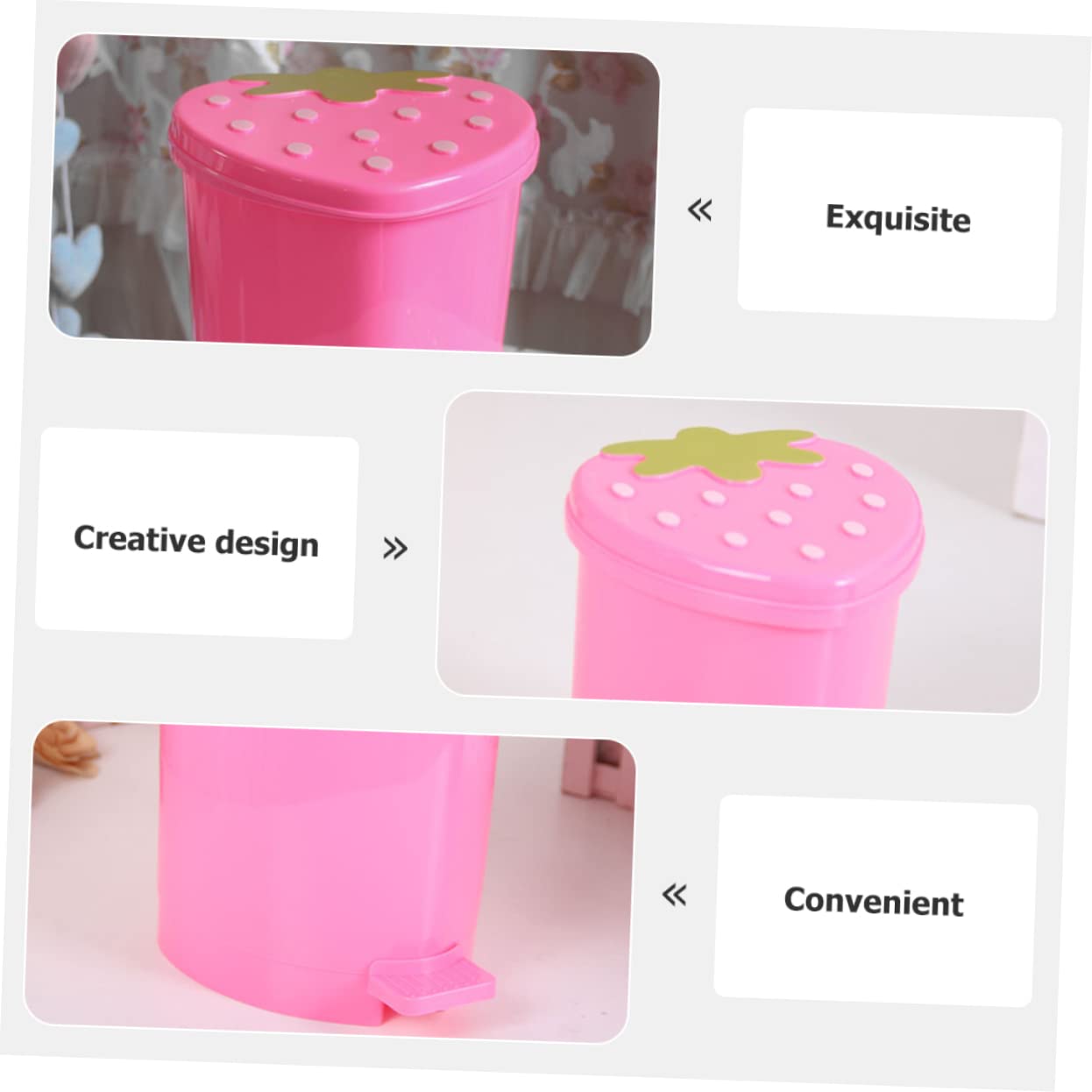 FONDOTIN Cute Strawberry Mini Trash Can Plastic Desktop Garbage Bin for Bedroom Office Car Decor Kawaii Wastebasket for Stylish Room Organization