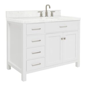 ARIEL Bristol 42 in. Right Offset Single Oval Sink Bathroom Vanity with Carrara White Quartz Countertop 1.5 Edge in White