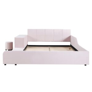 Velvet Upholstered Grounded Bed Platform Bed, Wooden Queen Size Mother & Child Bed Frame with Bedside Desk and Little Round Stool, Kids Adults Bedroom Furniture Floor Bed Platform Bed (Pink Bed)