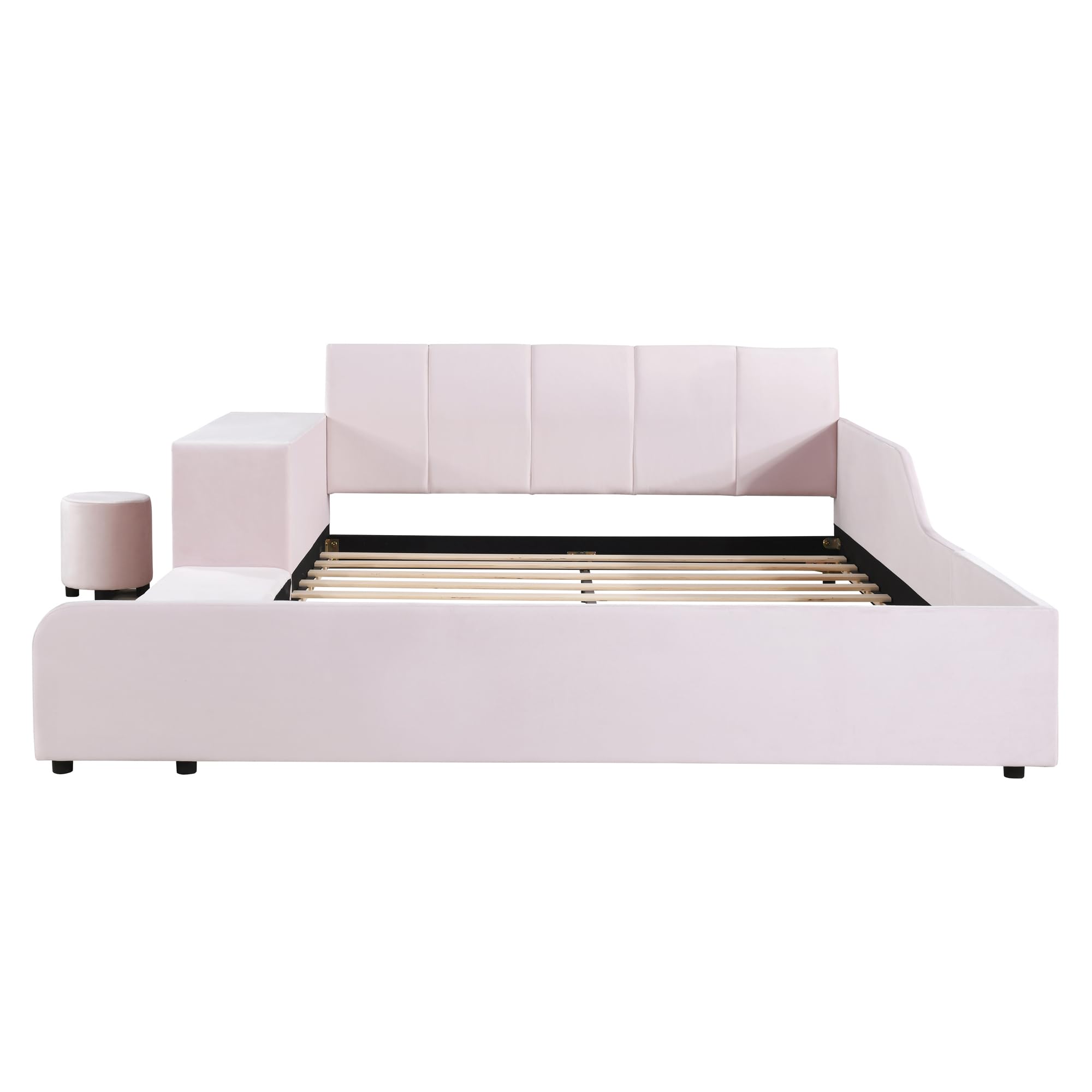 Velvet Upholstered Grounded Bed Platform Bed, Wooden Queen Size Mother & Child Bed Frame with Bedside Desk and Little Round Stool, Kids Adults Bedroom Furniture Floor Bed Platform Bed (Pink Bed)