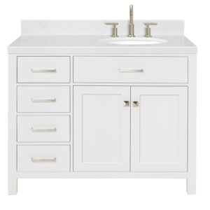 ariel bristol 42 in. right offset single oval sink bathroom vanity with carrara white quartz countertop 1.5 edge in white