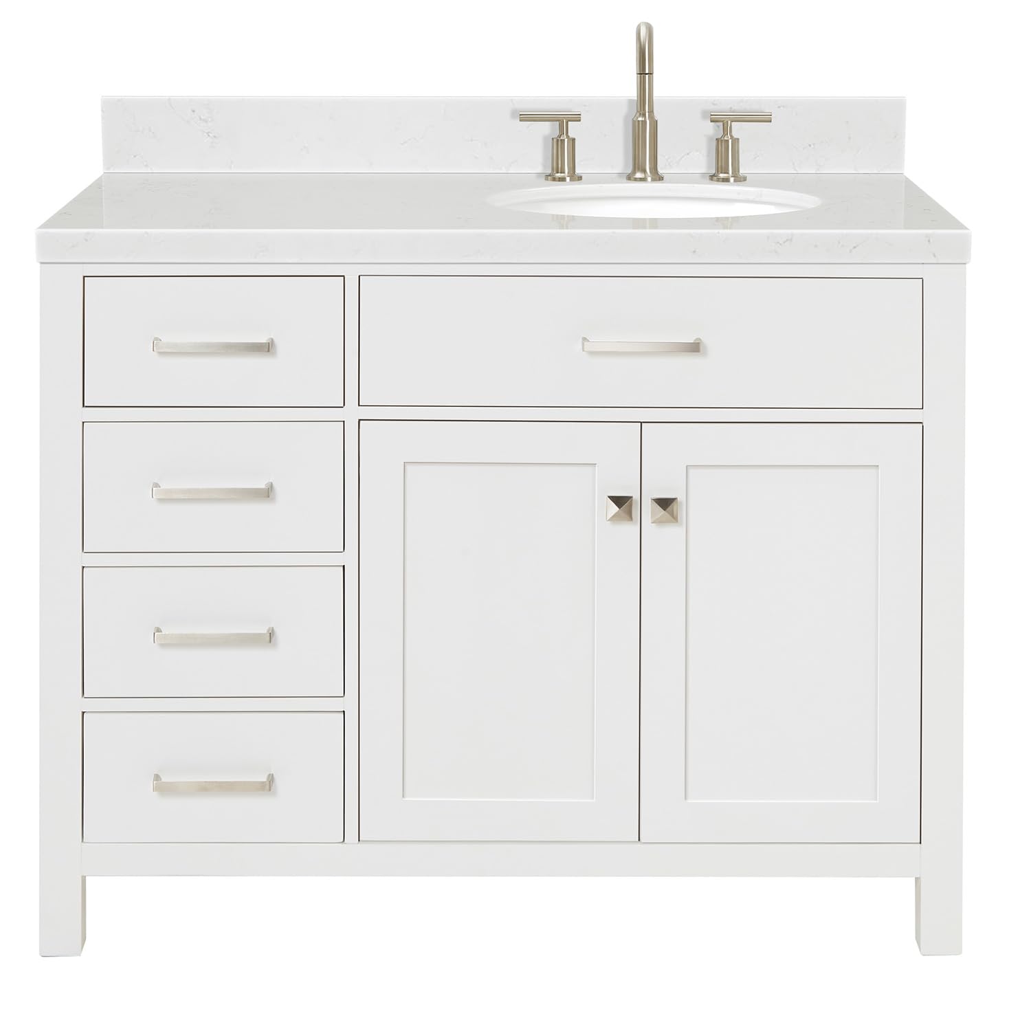 ARIEL Bristol 42 in. Right Offset Single Oval Sink Bathroom Vanity with Carrara White Quartz Countertop 1.5 Edge in White