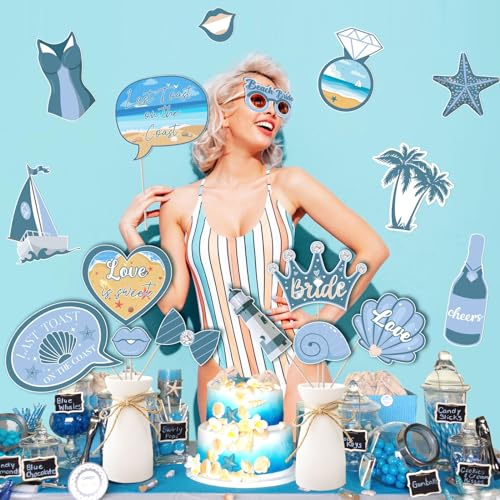 JOYMEMO 24 Pieces Coastal Bachelorette Party Photo Booth Props - Last Toast On The Coast Bachelorette Decorations, Blue Nautical Beach Bridal Shower Wedding Engagement Party Supplies