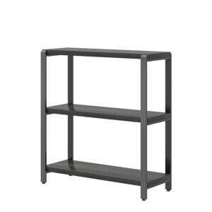 FOLUBAN Rustic Small Bookshelf and Bookcase, 3 Tier Low Short Book Shelf, Industrial Metal and Wood Book Case for Bedroom Living Room, Dark Gray