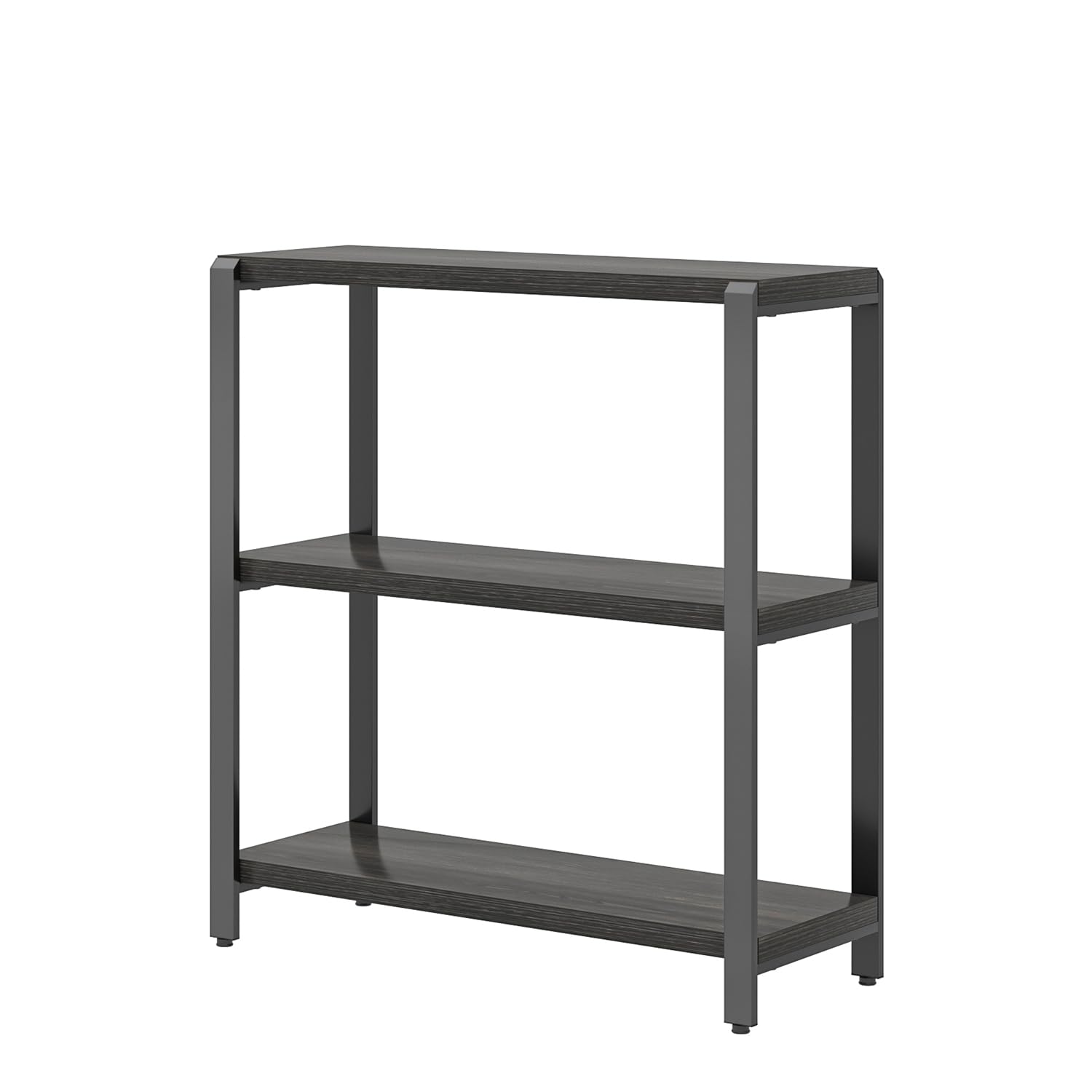 FOLUBAN Rustic Small Bookshelf and Bookcase, 3 Tier Low Short Book Shelf, Industrial Metal and Wood Book Case for Bedroom Living Room, Dark Gray