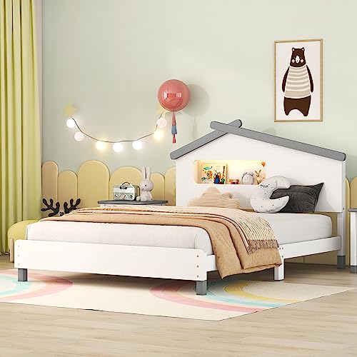 Full Size House Bed Frame for Kids,Full Size Kid Bed Frame with Headboard for Teens Girls Boys,Wood Bed with House-Shaped Headboard and Motion Activated Night Lights,No Box Spring Needed, White+Grey