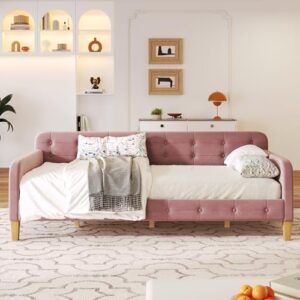 RORIGAT Twin Size Velvet Upholstered Dayed with Button Tufted Design and 4 Wood Support Legs,Twin Day Bed Frame,Easy to Assemble,Pink