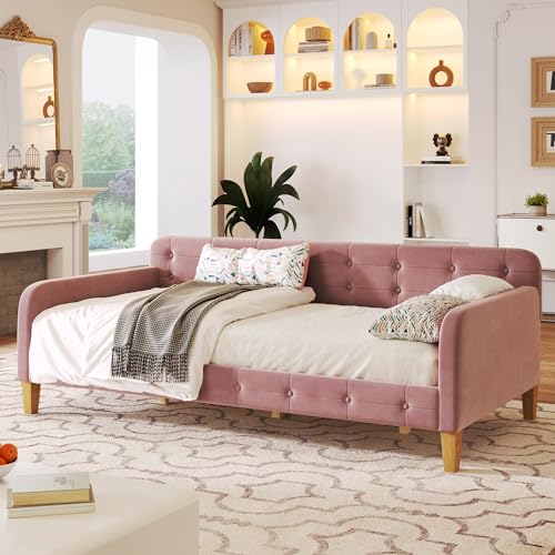 RORIGAT Twin Size Velvet Upholstered Dayed with Button Tufted Design and 4 Wood Support Legs,Twin Day Bed Frame,Easy to Assemble,Pink