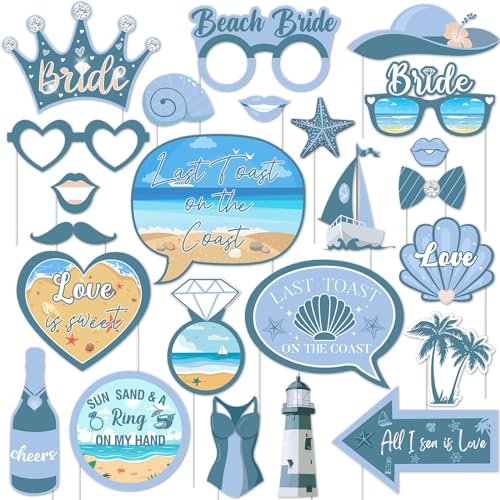 JOYMEMO 24 Pieces Coastal Bachelorette Party Photo Booth Props - Last Toast On The Coast Bachelorette Decorations, Blue Nautical Beach Bridal Shower Wedding Engagement Party Supplies