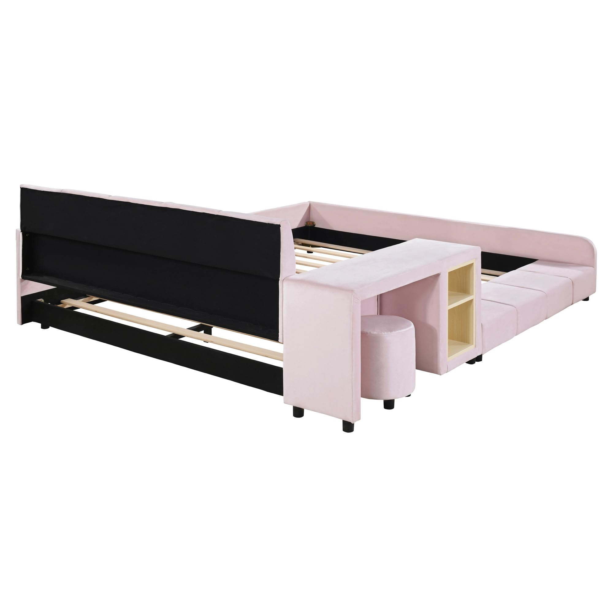 Velvet Upholstered Grounded Bed Platform Bed, Wooden Queen Size Mother & Child Bed Frame with Bedside Desk and Little Round Stool, Kids Adults Bedroom Furniture Floor Bed Platform Bed (Pink Bed)