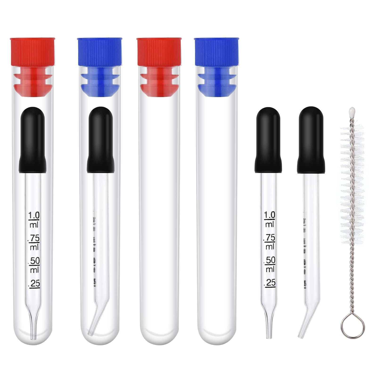 4pcs 1ml Dropper, Eye Dropper Glass with Measurements Bent & Straight Tip, Calibrated Pipettes Dropper with Rubber Head Liquid Accurate Dropper for Essential Oils, Ear, Laboratory, with Brush