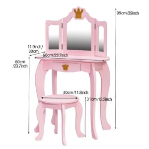 GIMMYFIVE Pretend Play Kids Vanity Set with Mirror and Stool,Kids Wooden Play Vanity Set with Vanity Table with Lights, Tri-Fold Mirror, Storage Drawer for Toddlers