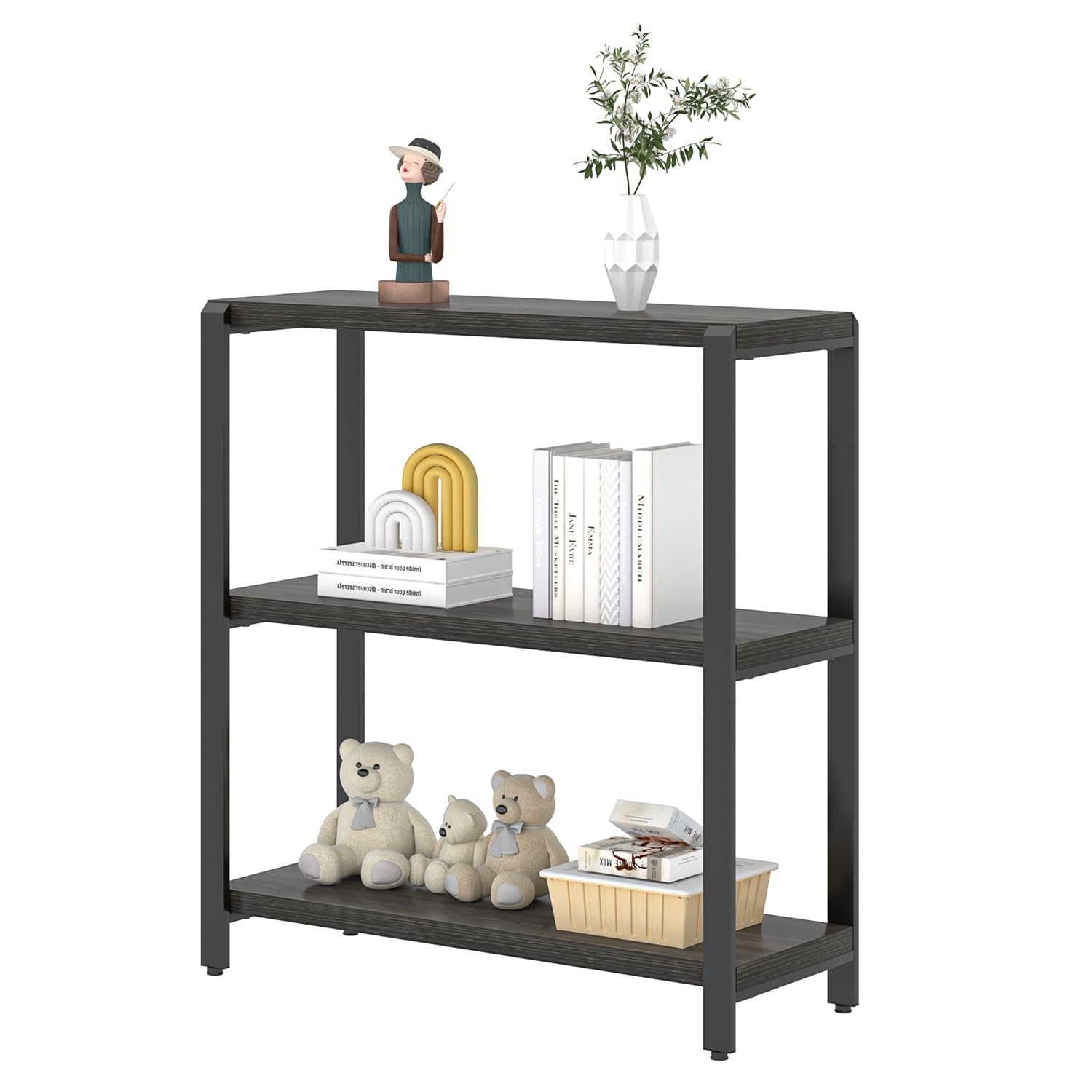 FOLUBAN Rustic Small Bookshelf and Bookcase, 3 Tier Low Short Book Shelf, Industrial Metal and Wood Book Case for Bedroom Living Room, Dark Gray