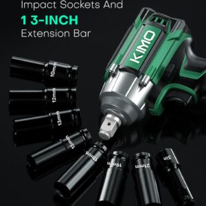 KIMO Impact Wrench 1/2 Cordless,475N.m/350ft-lbs Max Torque & 3000RPM, 2x20V 3.0Ah Battery, Impact Gun with 7 Drive Impact Sockets, 3 Inch Extension Bar, 1 Hour Fast Charger Impact Drill for Car Tires