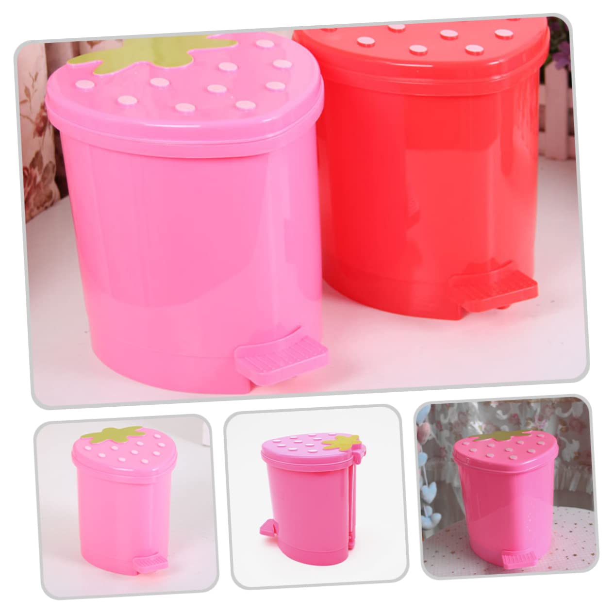 FONDOTIN Cute Strawberry Mini Trash Can Plastic Desktop Garbage Bin for Bedroom Office Car Decor Kawaii Wastebasket for Stylish Room Organization