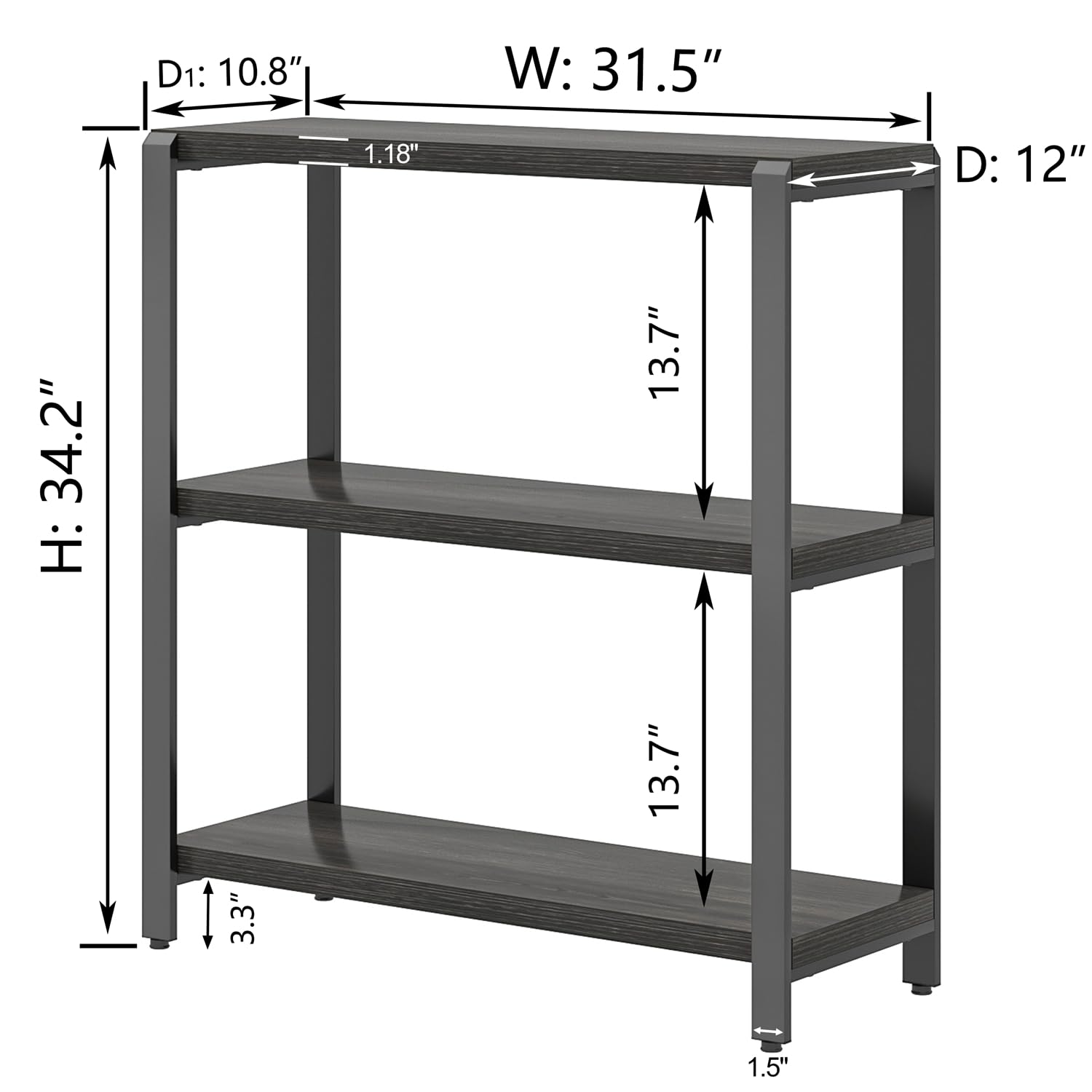 FOLUBAN Rustic Small Bookshelf and Bookcase, 3 Tier Low Short Book Shelf, Industrial Metal and Wood Book Case for Bedroom Living Room, Dark Gray