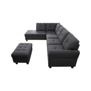 HomeStock Sophisticated Simplicity Sectional Sofa with Ottoman, Living Room Set, Left Facing Chaise, 2 Cup Holders, 2 Throw Pillows, Tufted Back and Seat - 99.5" D x 67" W x 32" H Dark Gray