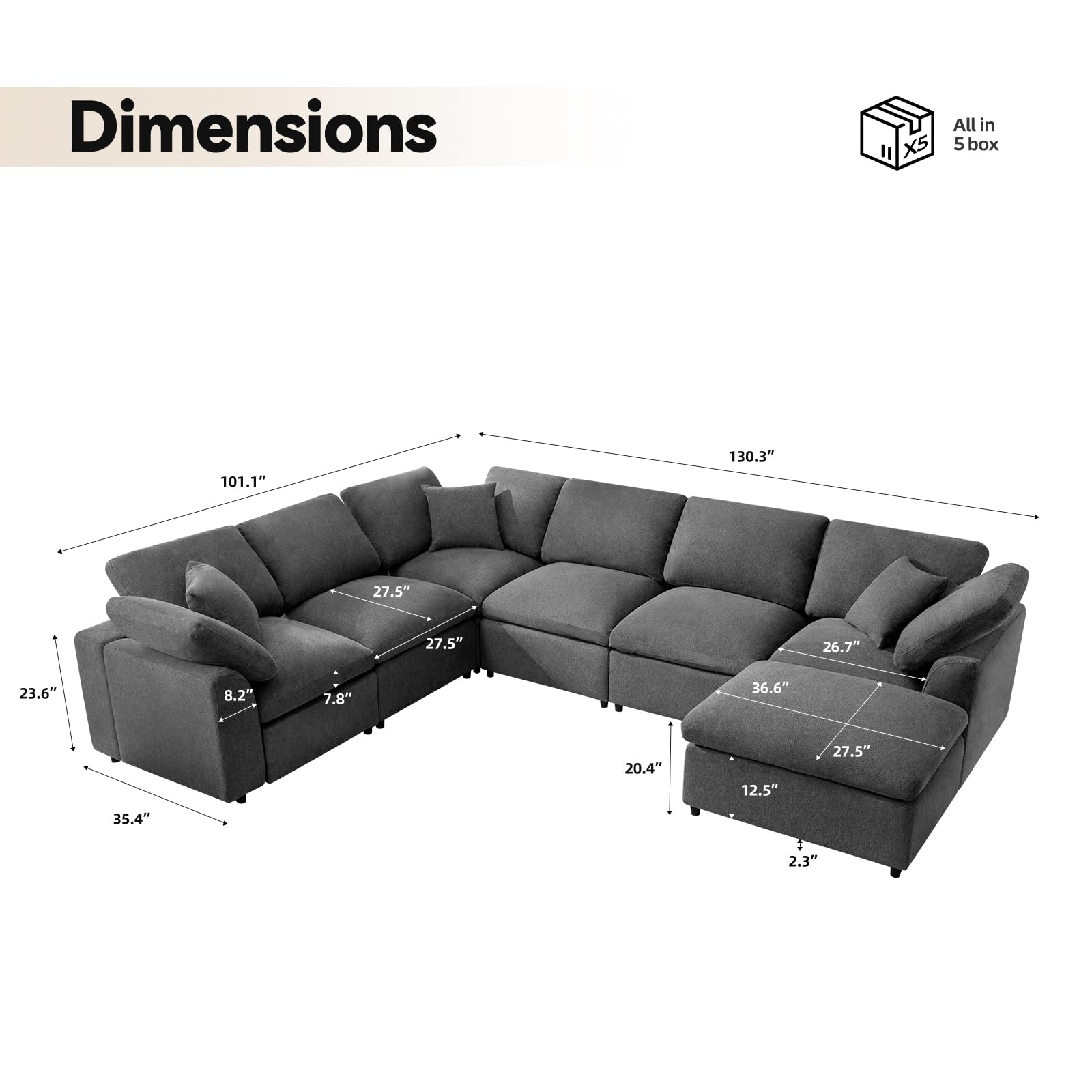 Siiejia Modular Sectional Sofa Modern Oversized Cloud Couch with Movable Ottoman 7 Seater L-Shaped Sofas Comfy Couches for Living Room Spacious Space Office Lounge, Dark Grey