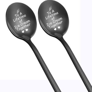 To A Lifetime of Ice Cream Together Gifts For Couple, 2PCS Spoon Christmas Wedding Gifts For Couple,Anniversary Birthday Valentine’s Day Gifts For Lover,Unique Wedding Engagement Gifts (BLACK)