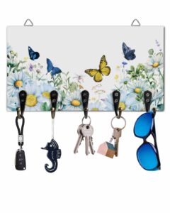 jasminem spring daisy florals butterfly key holder for wall decorative, wood wall mounted key rack with 5 key hooks, keys hanger organizer for entryway hallway office home decor, watercolor art