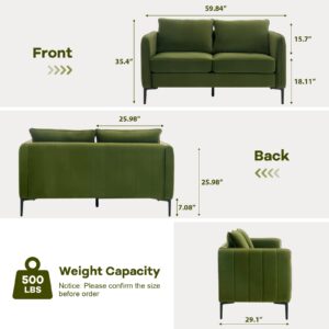 Linyuanwai Velvet Loveseat Sofa, 50" Modern 2 Seaters Couch Comfy Upholstered Love Seat with 2 Pillows Metal Legs for Livingroom,Bedroom, Apartment,Small Space, Green