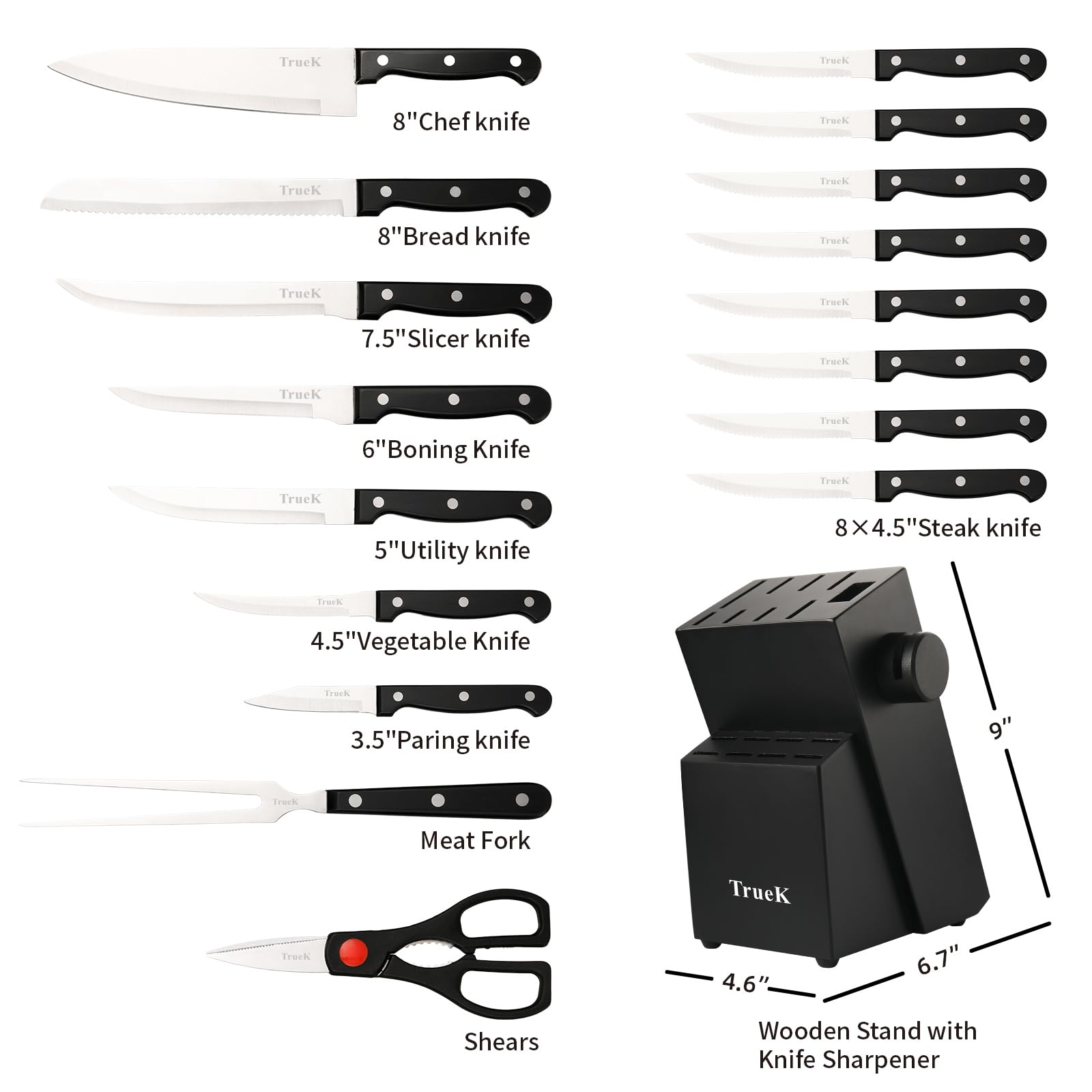 TRUEK KITCHEN KNIFE SET 19- PIECE KNIFE SET WITH BLOCK & SHARPENER - PROFESSIONAL KITHCHEN KNIFE SET