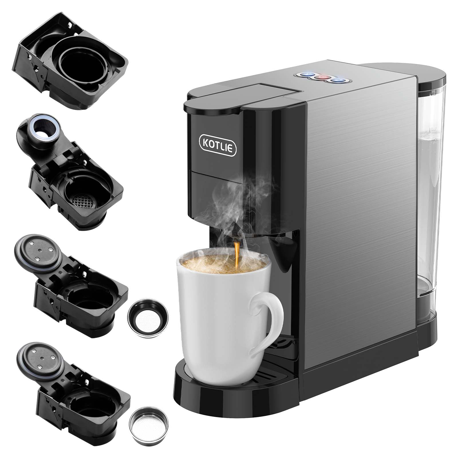 KOTLIE Single Serve Coffee Maker, 19Bar Espresso Machine, 4in1 Coffee Machine for K cups Capsule/Nespresso original Capsules/Ground Coffee/44mm ESE Coffee (Black)