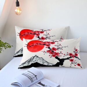 CCoutueChen Japanese Cherry Duvet Cover Queen Size, Blossom Botanical Floral Comforter Cover, Abstract Fuji Mountain Bedding Set, Soft and Breathable with Zipper Closure & Corner Ties