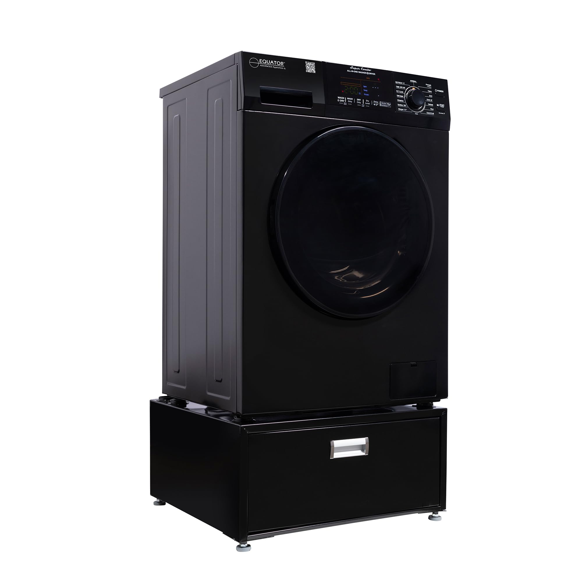 Equator All-in-One Washer Dryer VENTLESS/VENTED PET cycle 1.62cf/15lbs 110V + Pedestal (Black)