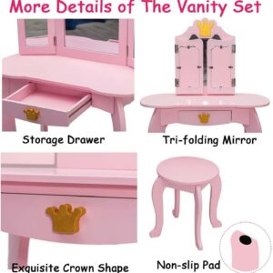 GIMMYFIVE Pretend Play Kids Vanity Set with Mirror and Stool,Kids Wooden Play Vanity Set with Vanity Table with Lights, Tri-Fold Mirror, Storage Drawer for Toddlers