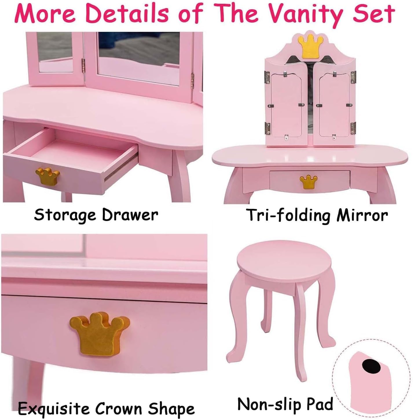 GIMMYFIVE Pretend Play Kids Vanity Set with Mirror and Stool,Kids Wooden Play Vanity Set with Vanity Table with Lights, Tri-Fold Mirror, Storage Drawer for Toddlers