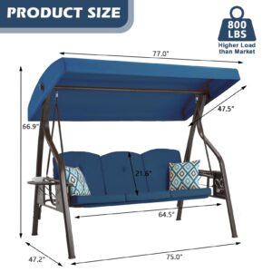 ZZW 3-Seat Outdoor Porch Swing with Stand, Patio Swing with Canopy, 2 in 1 Porch Swing Bed & Patio Swing Chair for Adult, Yard Swing w/Extra Pillows and Cup Holder (Blue)