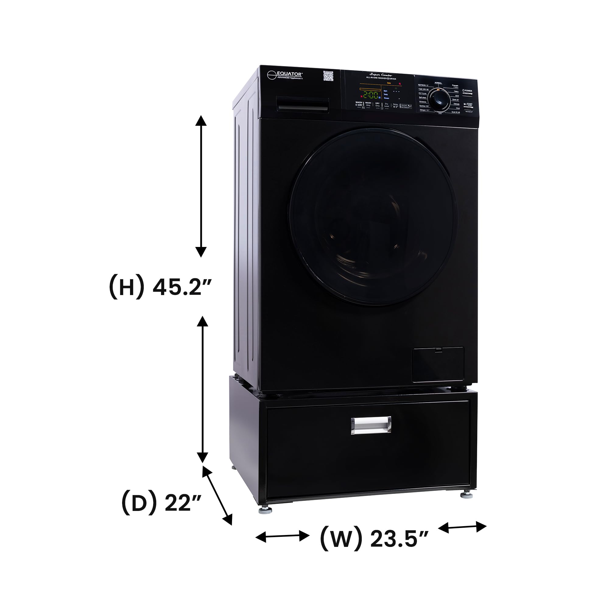 Equator All-in-One Washer Dryer VENTLESS/VENTED PET cycle 1.62cf/15lbs 110V + Pedestal (Black)