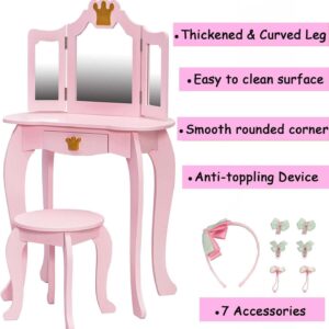 GIMMYFIVE Pretend Play Kids Vanity Set with Mirror and Stool,Kids Wooden Play Vanity Set with Vanity Table with Lights, Tri-Fold Mirror, Storage Drawer for Toddlers