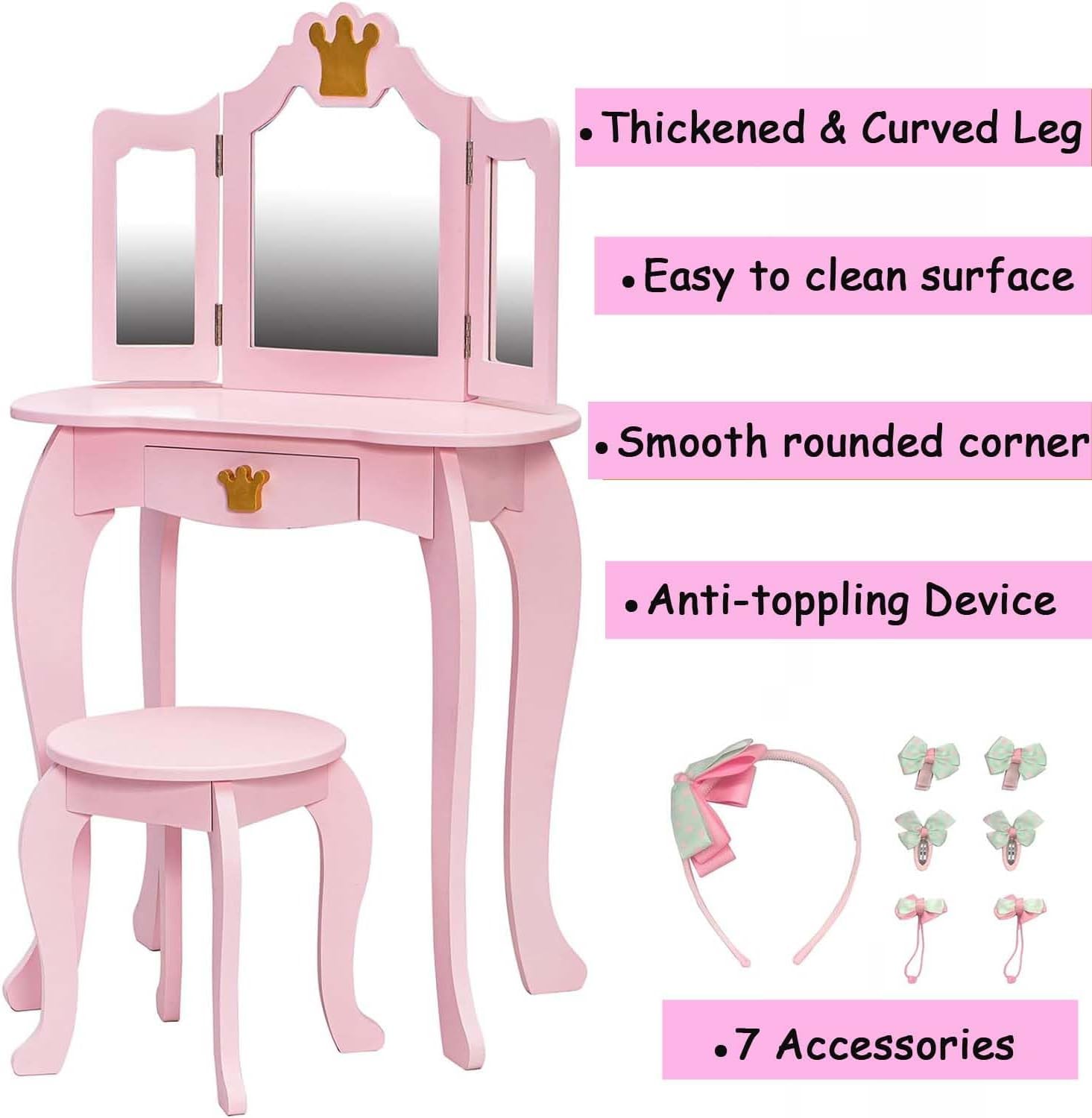 GIMMYFIVE Pretend Play Kids Vanity Set with Mirror and Stool,Kids Wooden Play Vanity Set with Vanity Table with Lights, Tri-Fold Mirror, Storage Drawer for Toddlers