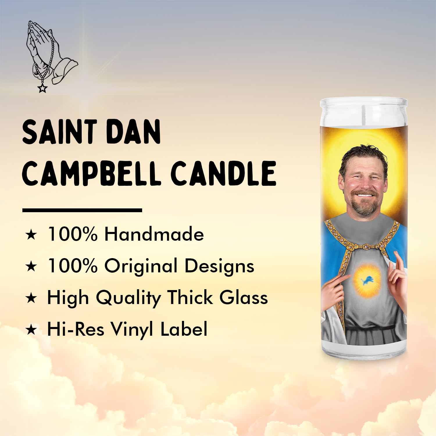 Coach Dan Campbell Candles - Funny Gift Saint Candle - Votive Glass Jar White Candle-Devotional Candles for Lions Lovers - Handmade Wax Candles - Unique Novelty Gift for Football Lovers