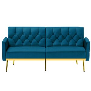 ACMEASE Velvet Sofa Bed w/Adjustable Armrests and Backrests, Modern Convertible Sleeper Sofa, Tufted Futon Sofa for Bedroom, Living Room, Apartment, Teal