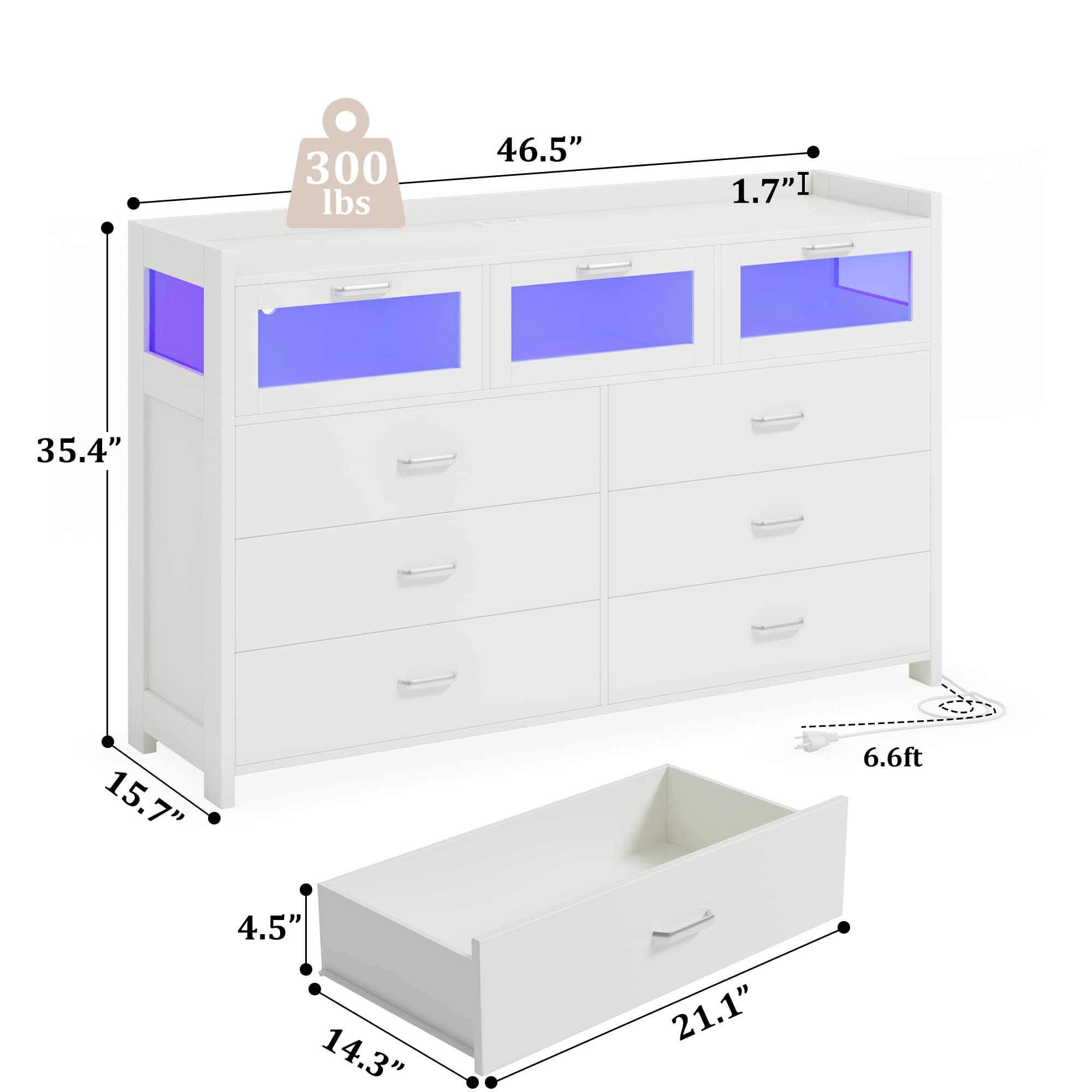 Whalefall White Dresser for Bedroom with 9 Drawers, Chests of Drawers with LED Lights and Charging Station, Modern Dresser with 3 Visual Drawers, Wood Wide LED Dresser for Bedroom, Closet,Entryway