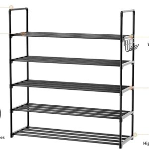 HOMICKER Metal Shoe Organizer,5 Tiers Shoe Storage Shoe Rack with Hooks,Fit 20-25 Pairs,Adjustable Shoe Shelf for Entryway,Hallway,Bedroom,Metal Bottom Support