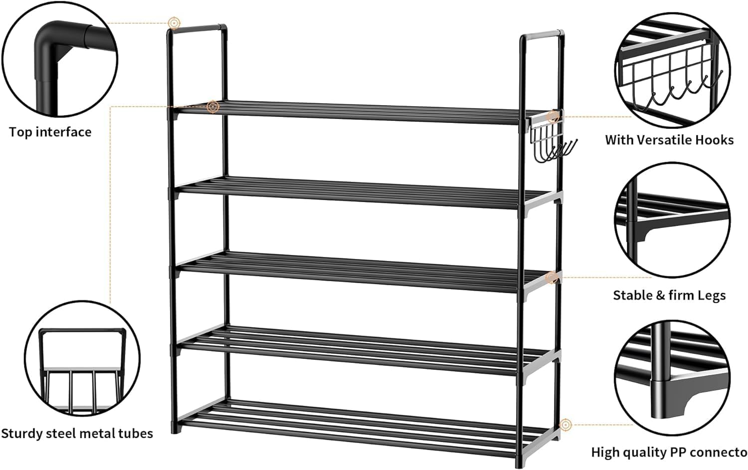 HOMICKER Metal Shoe Organizer,5 Tiers Shoe Storage Shoe Rack with Hooks,Fit 20-25 Pairs,Adjustable Shoe Shelf for Entryway,Hallway,Bedroom,Metal Bottom Support