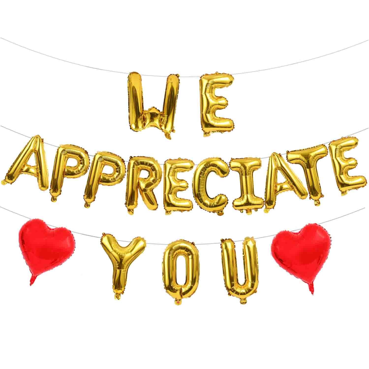 LOONELO We Appreciate You Foil Balloons, 2024 Appreciation Week Hanging Foil Balloons Banner, Thank You Balloons for Wedding Congrats Grad National Nurses Week Happy Retirement Party Decor (Gold)