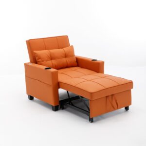 NicBex Futon Chair Bed Convertible Chair 3-in-1 Pull Out Leather Sleeper Chair Beds with USB Ports, Wear-Resistant and Anti-Scratch, Armchair Bed Sleeper for Living Room, Apartment, Orange