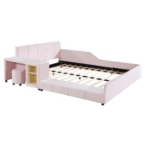 Velvet Upholstered Grounded Bed Platform Bed, Wooden Queen Size Mother & Child Bed Frame with Bedside Desk and Little Round Stool, Kids Adults Bedroom Furniture Floor Bed Platform Bed (Pink Bed)