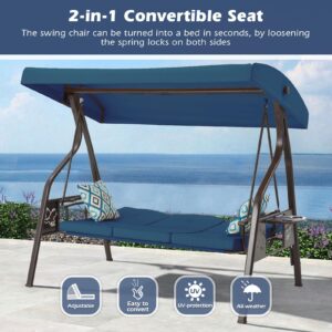 ZZW 3-Seat Outdoor Porch Swing with Stand, Patio Swing with Canopy, 2 in 1 Porch Swing Bed & Patio Swing Chair for Adult, Yard Swing w/Extra Pillows and Cup Holder (Blue)