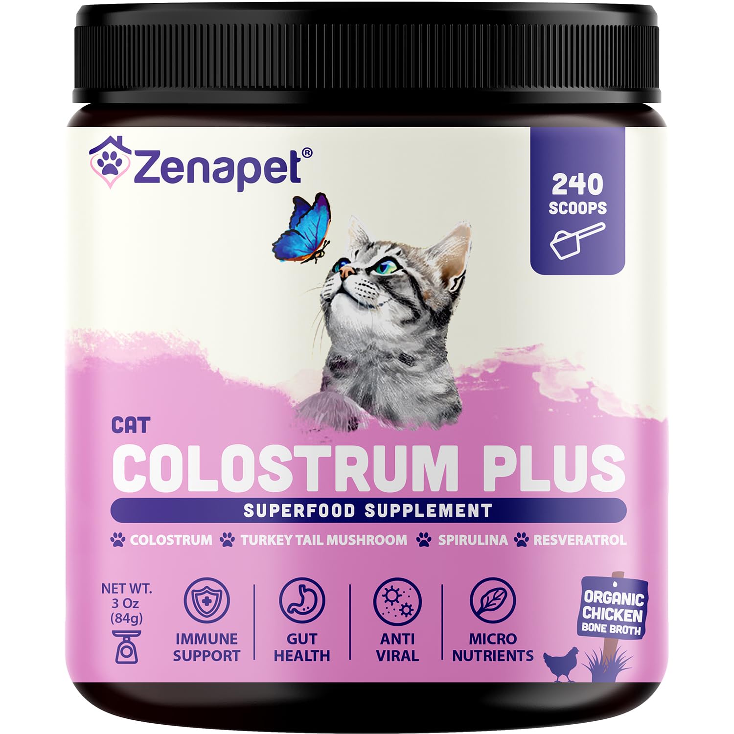 Zenapet Cat Colostrum Plus Superfood Supplement, 240 Day Supply Bovine Colostrum Powder, Cat Probiotic for Immune Support, Digestive Health, Allergy Relief, Joint Support, and Skin/Coat Health