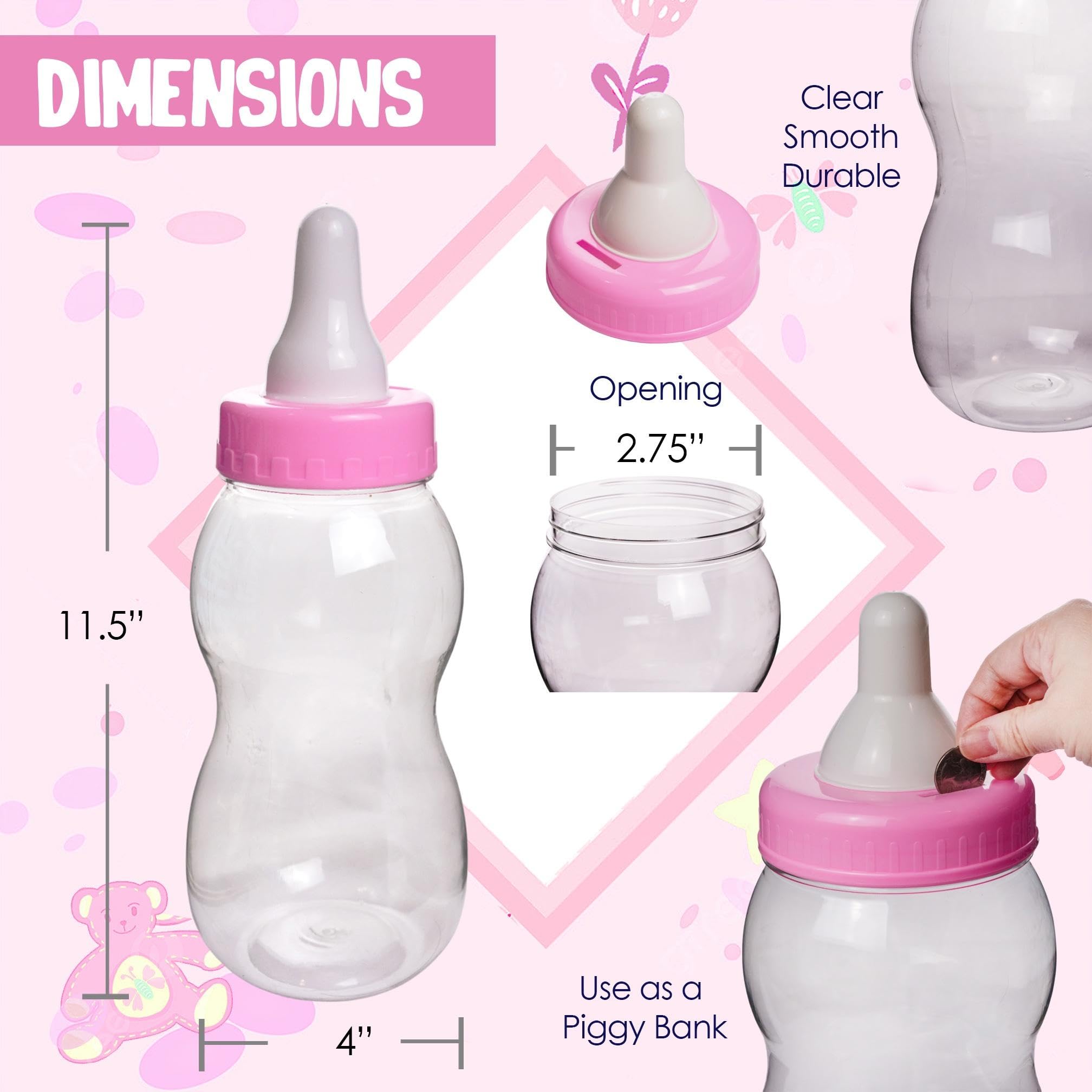 Jumbo Fillable Baby Shower Bank, 10.5" Pink Plastic Baby Bottle Favor Centerpiece