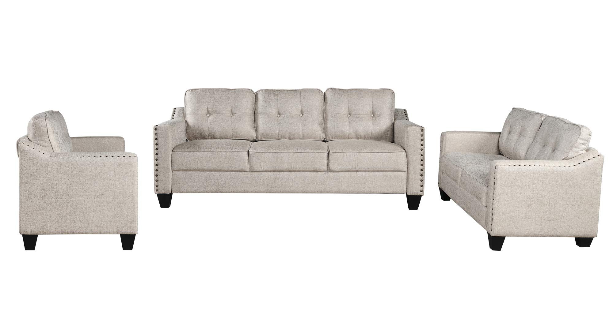 3Pieses Mid-Century Modern Sofa Sets Linen Fabric Tufted Back Sofa&Couch Include 3 Seaters Couch, Loveseat and Armchair with Rivets Rivets for Home Apartment Office Living Room