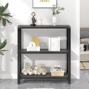 FOLUBAN Rustic Small Bookshelf and Bookcase, 3 Tier Low Short Book Shelf, Industrial Metal and Wood Book Case for Bedroom Living Room, Dark Gray